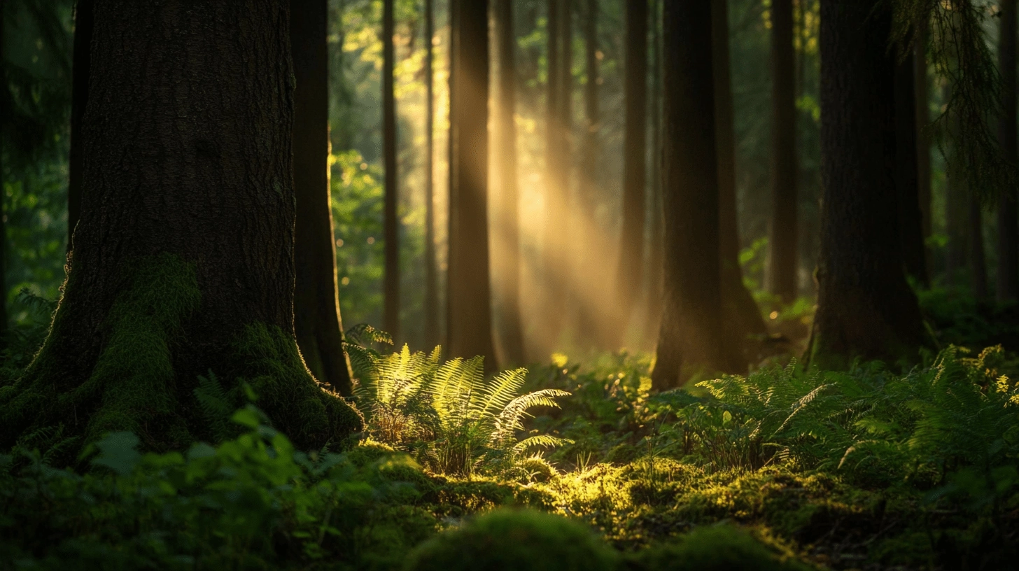 Sous-bois au lever du soleil, fougères et rayons dorés